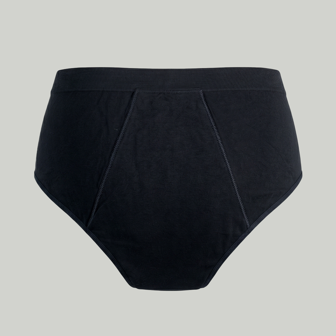 Rudie new Leakproof High-Waist Brief in black — back view design detail by Mei Seto