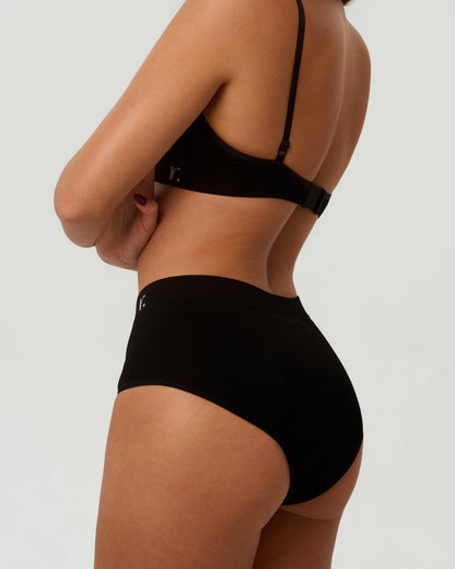 Rudie Leakproof High-Waist Brief in black — half-body rear side angle, seamless period brief