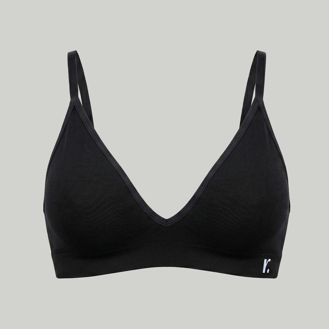 Rudie seamless bamboo bralette in black, front view product shot — wireless wire-free design