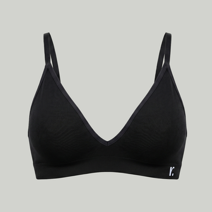 Rudie seamless bamboo bralette in black, front view product shot — wireless wire-free design