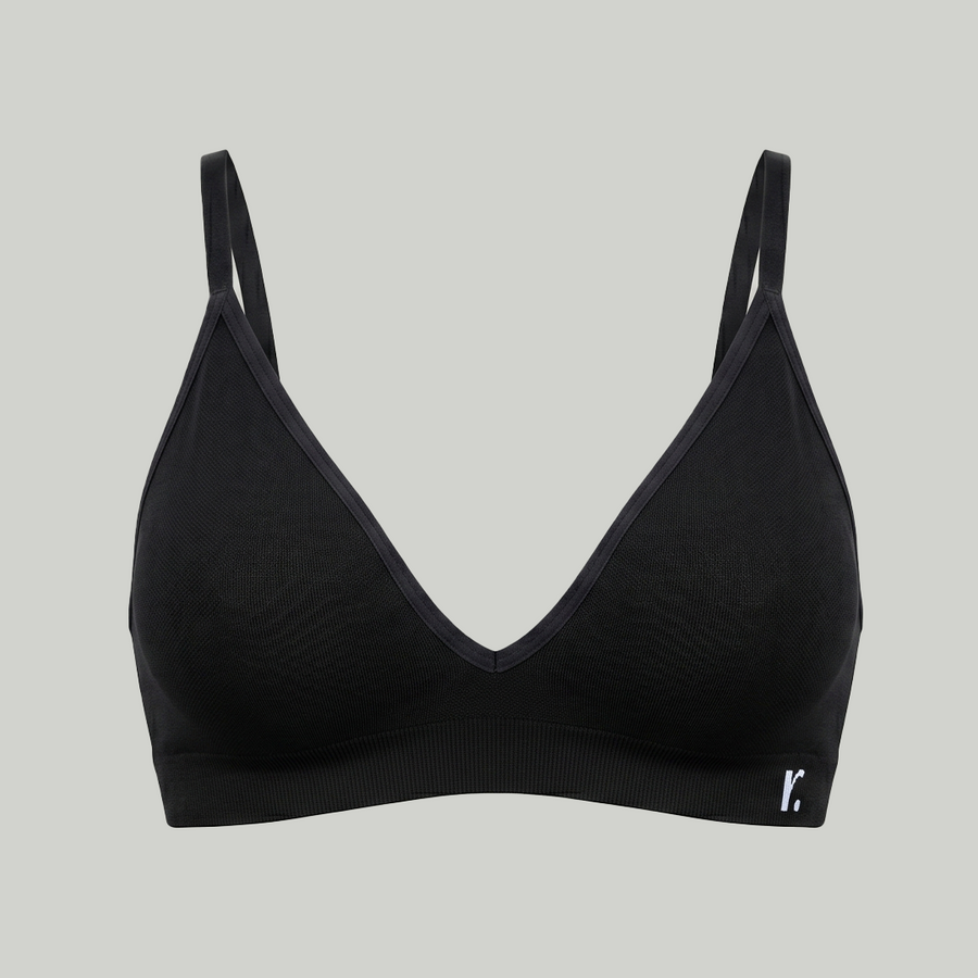 Rudie seamless bamboo bralette in black, front view product shot — wireless wire-free design