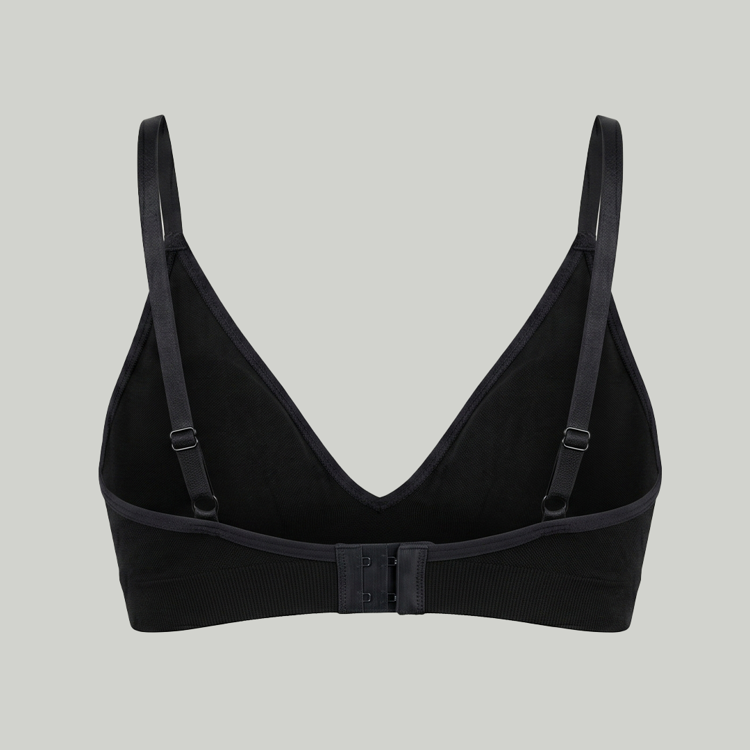 Rudie seamless bamboo bralette in black, back view product shot — adjustable straps and band