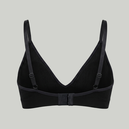 Rudie seamless bamboo bralette in black, back view product shot — adjustable straps and band