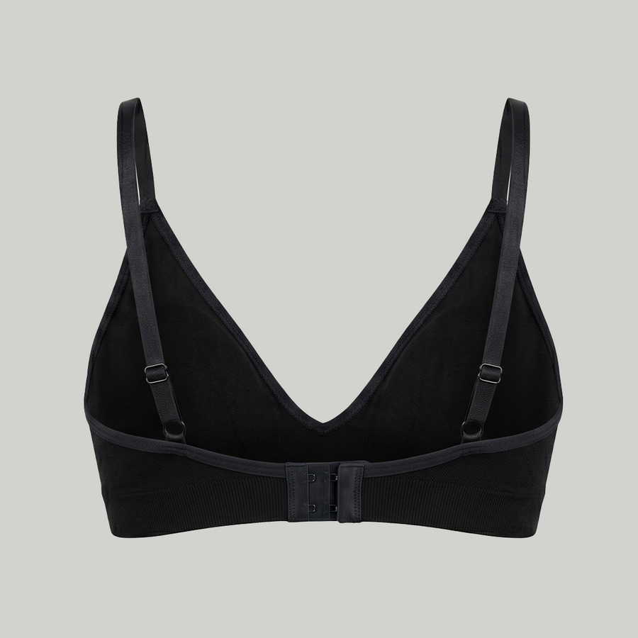 Rudie seamless bamboo bralette in black, back view product shot — adjustable straps and band
