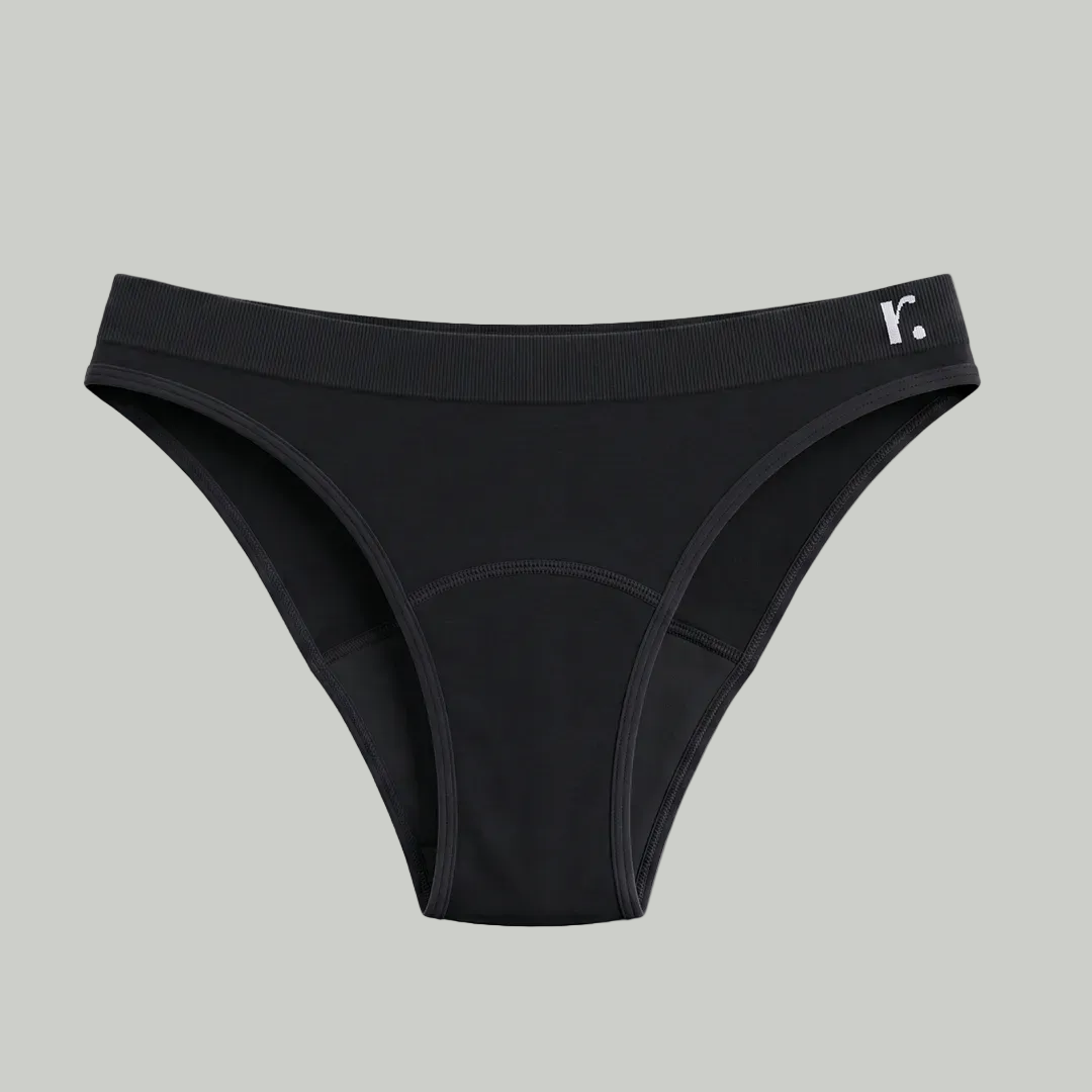 Rudie new Leakproof Period Brief in black — front view by designer Mei Seto