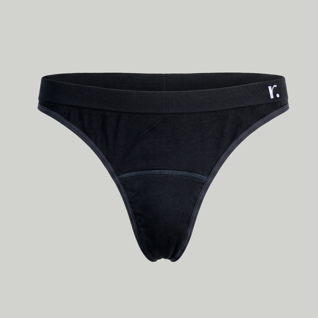 Rudie new Leakproof Period Thong in black — front view design shot by Mei Seto