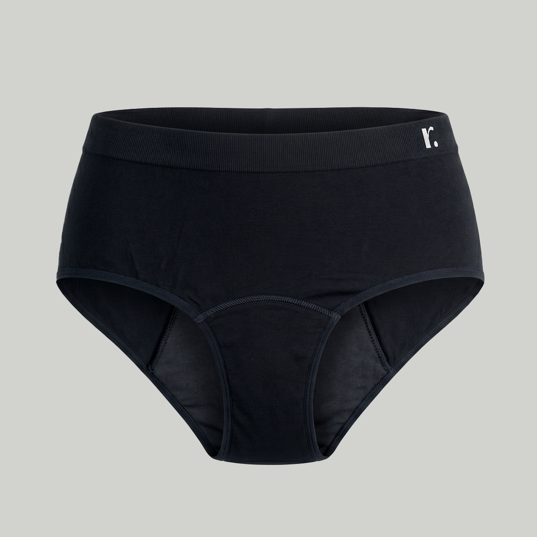 Rudie new Leakproof High-Waist Brief in black — front view design shot by Mei Seto