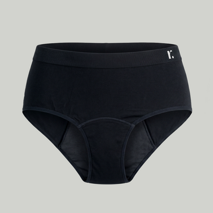 Rudie new Leakproof High-Waist Brief in black — front view design shot by Mei Seto