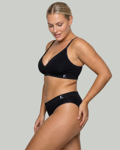 Rudie Leakproof Period Brief in black — product flat lay, seamless bikini brief silhouette