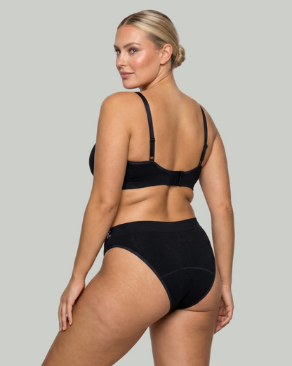 Rudie bamboo viscose period brief in black — detail shot of flat-lock seams and leakproof gusset